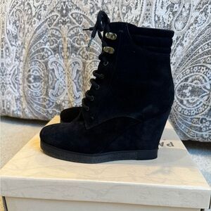 Paola Ferri Black Suede Lace Up Wedge Shoes